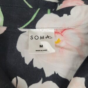 Soma Cool Nights Pajama Top Women Sz Med Black Pink Floral Button Down Sleepwear